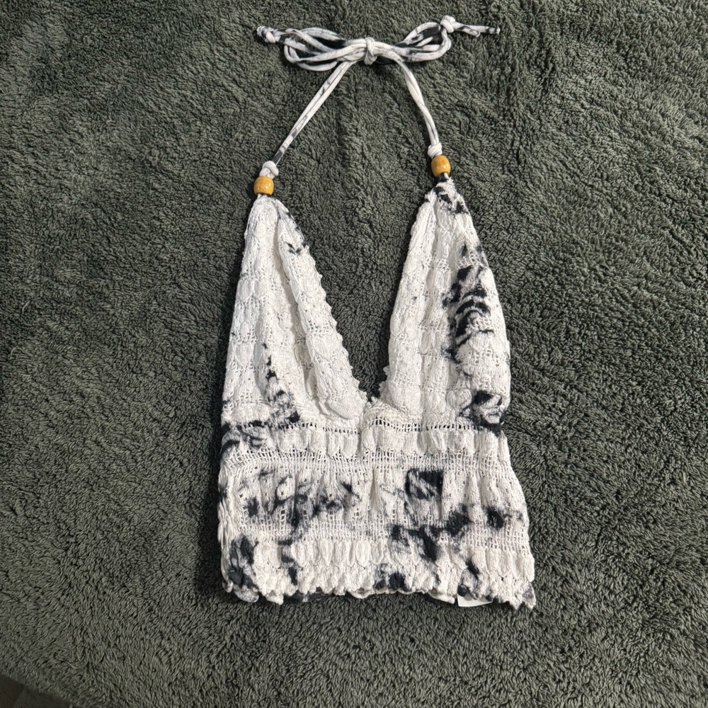 White and Black Tie-Dye Halter Top